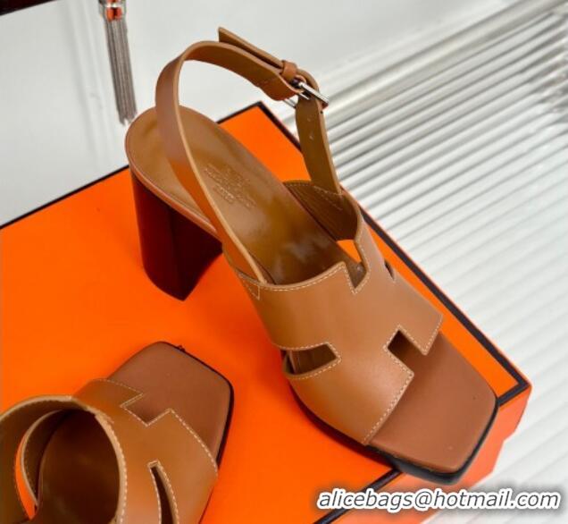 Pretty Style Hermes Elbe High Heel Sandals 9.5cm in Smooth Calfskin Brown 606035