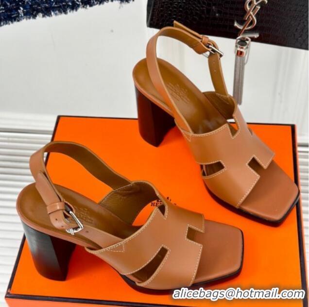 Pretty Style Hermes Elbe High Heel Sandals 9.5cm in Smooth Calfskin Brown 606035