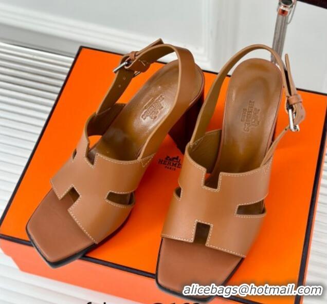 Pretty Style Hermes Elbe High Heel Sandals 9.5cm in Smooth Calfskin Brown 606035