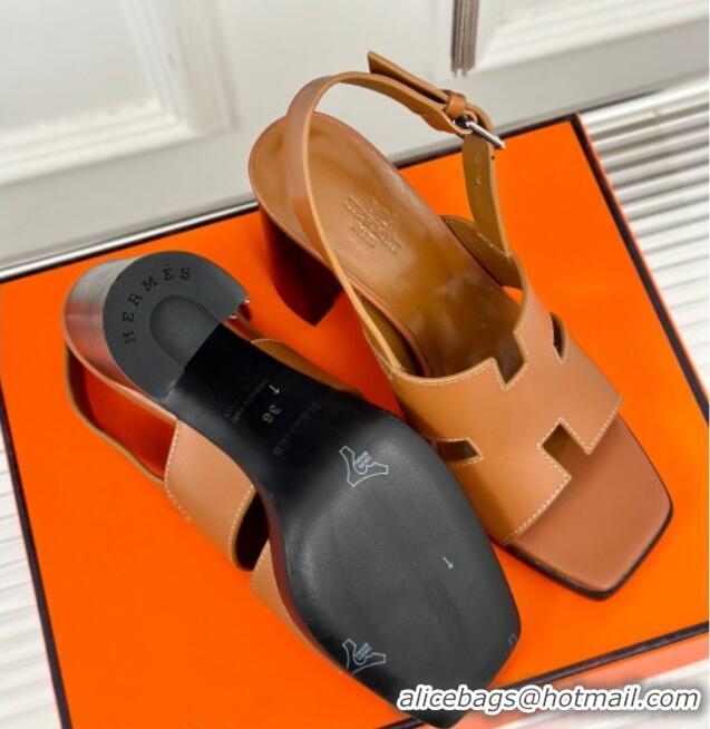 Pretty Style Hermes Elbe High Heel Sandals 9.5cm in Smooth Calfskin Brown 606035