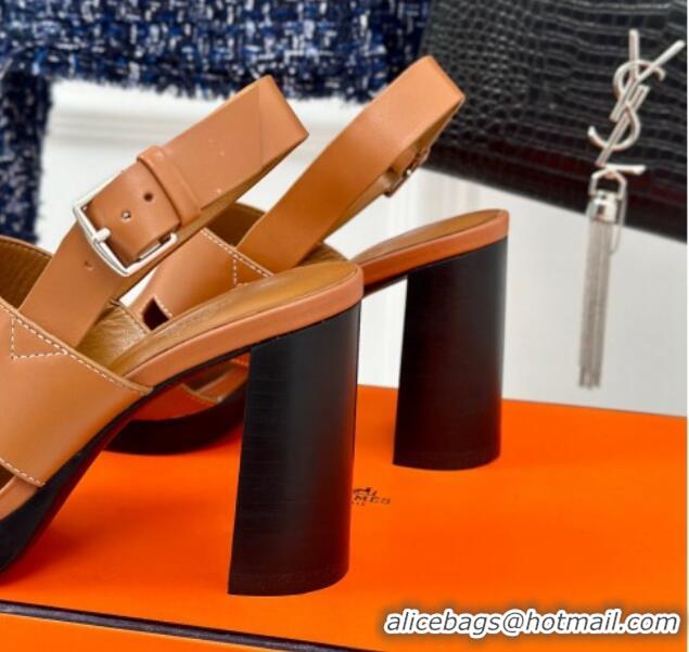 Pretty Style Hermes Elbe High Heel Sandals 9.5cm in Smooth Calfskin Brown 606035