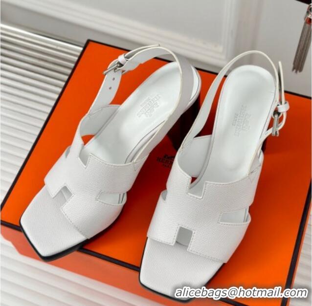 Good Looking Hermes Elbe High Heel Sandals 9.5cm in Grained Calfskin White 606036