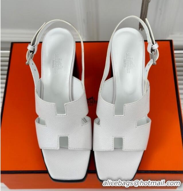 Good Looking Hermes Elbe High Heel Sandals 9.5cm in Grained Calfskin White 606036