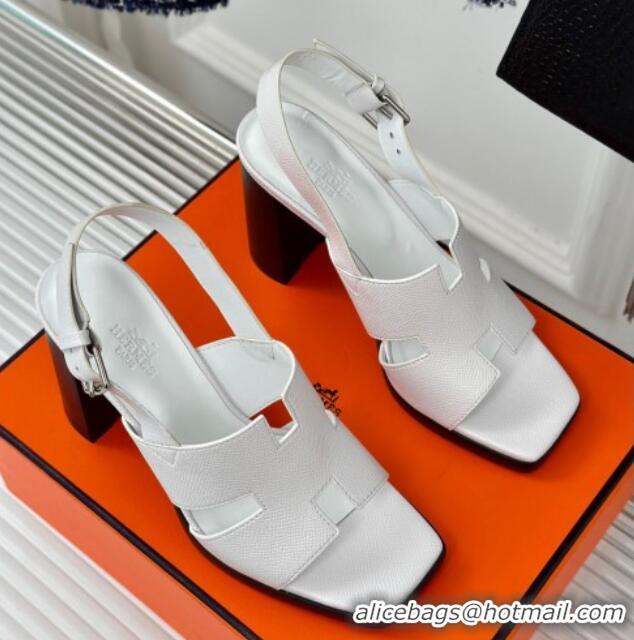 Good Looking Hermes Elbe High Heel Sandals 9.5cm in Grained Calfskin White 606036