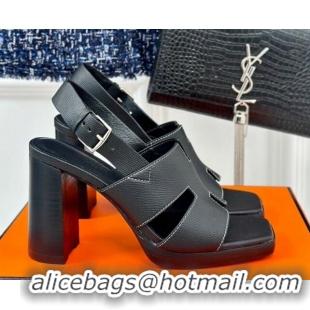 Top Grade Hermes Elbe High Heel Sandals 9.5cm in Grained Calfskin Black 606037