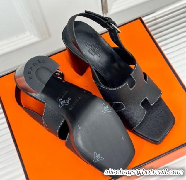 Top Grade Hermes Elbe High Heel Sandals 9.5cm in Grained Calfskin Black 606037