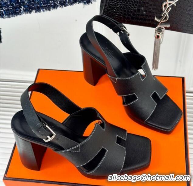 Top Grade Hermes Elbe High Heel Sandals 9.5cm in Grained Calfskin Black 606037