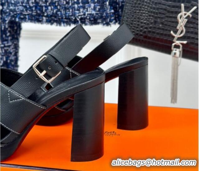 Top Grade Hermes Elbe High Heel Sandals 9.5cm in Grained Calfskin Black 606037