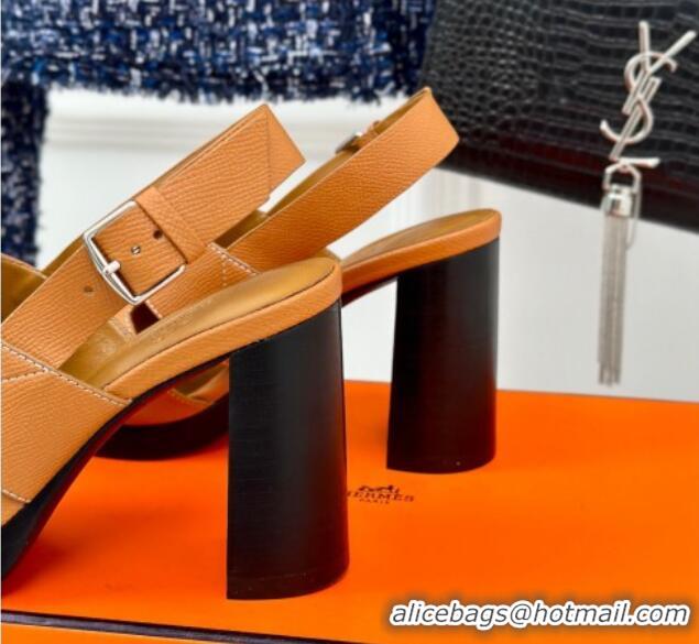 Top Design Hermes Elbe High Heel Sandals 9.5cm in Grained Calfskin Brown 606038