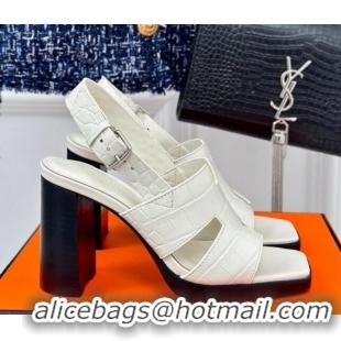 Durable Hermes Elbe High Heel Sandals 9.5cm in Embossed Calfskin White 606039