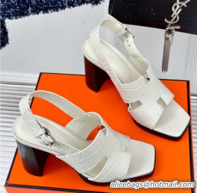 Durable Hermes Elbe High Heel Sandals 9.5cm in Embossed Calfskin White 606039