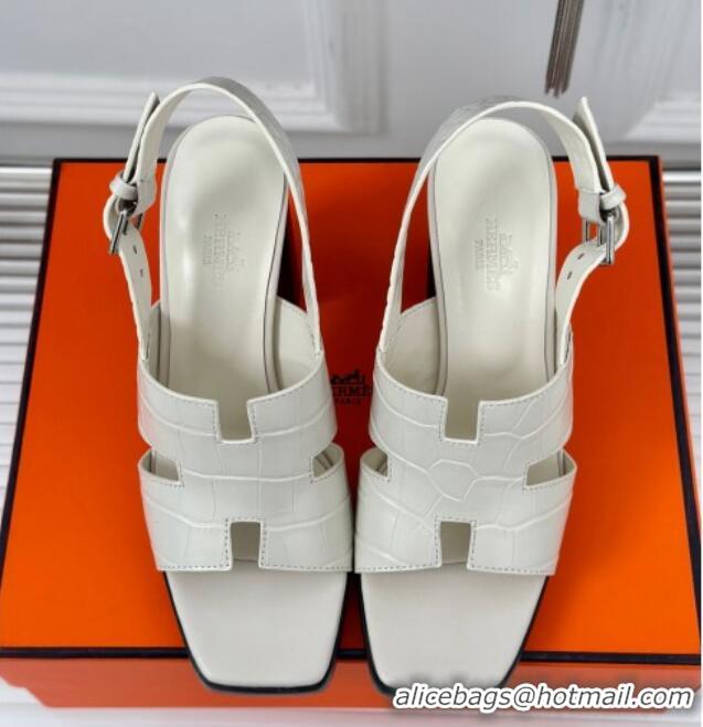 Durable Hermes Elbe High Heel Sandals 9.5cm in Embossed Calfskin White 606039