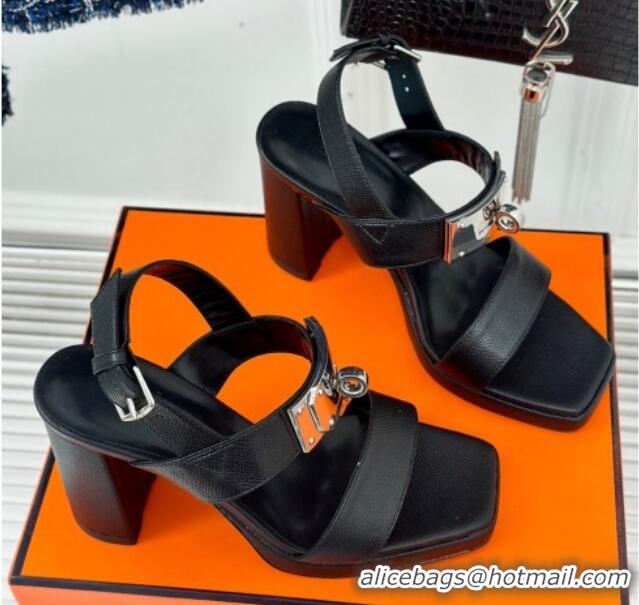 Unique Style Hermes Ilona High Heel Sandals 9.5cm with Kelly Buckle in Grained Calfskin Black 606041