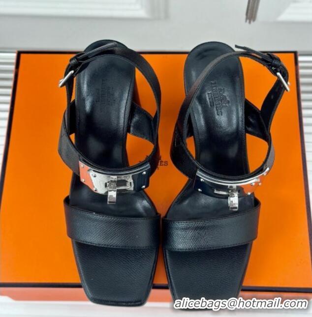 Unique Style Hermes Ilona High Heel Sandals 9.5cm with Kelly Buckle in Grained Calfskin Black 606041