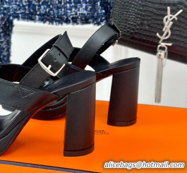 Unique Style Hermes Ilona High Heel Sandals 9.5cm with Kelly Buckle in Grained Calfskin Black 606041