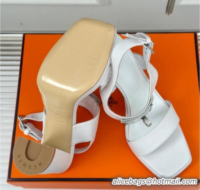 Good Product Hermes Ilona High Heel Sandals 9.5cm with Kelly Buckle in Grained Calfskin White 606042 