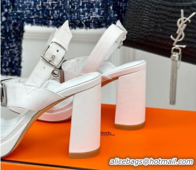 Good Product Hermes Ilona High Heel Sandals 9.5cm with Kelly Buckle in Grained Calfskin White 606042 