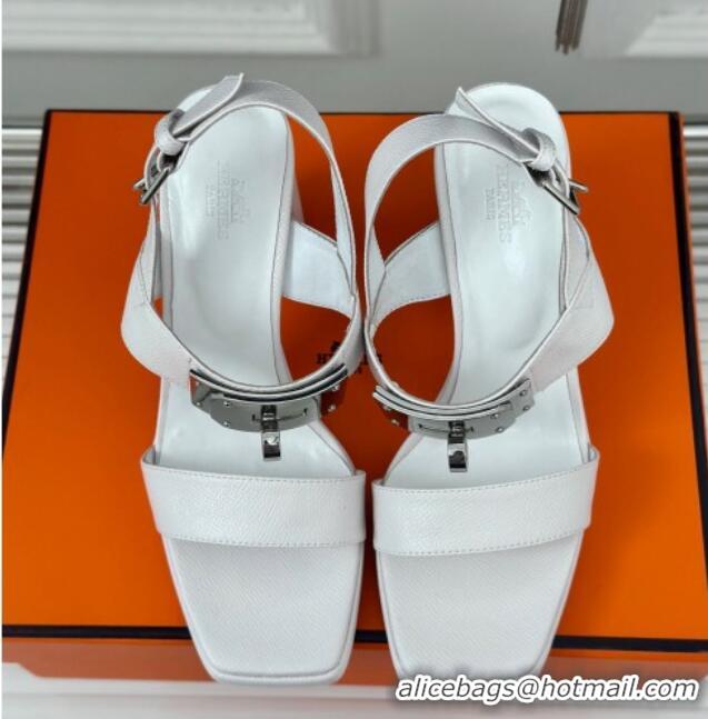 Good Product Hermes Ilona High Heel Sandals 9.5cm with Kelly Buckle in Grained Calfskin White 606042 