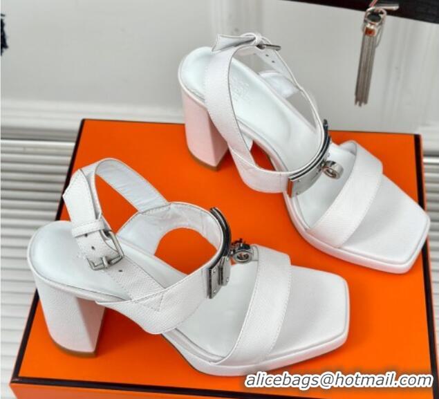 Good Product Hermes Ilona High Heel Sandals 9.5cm with Kelly Buckle in Grained Calfskin White 606042 