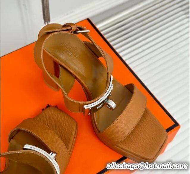 Best Grade Hermes Ilona High Heel Sandals 9.5cm with Kelly Buckle in Grained Calfskin Brown 606043