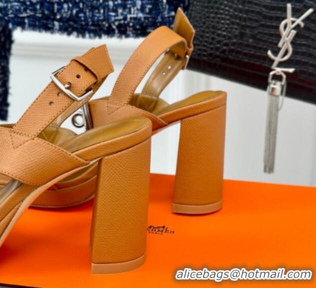 Best Grade Hermes Ilona High Heel Sandals 9.5cm with Kelly Buckle in Grained Calfskin Brown 606043