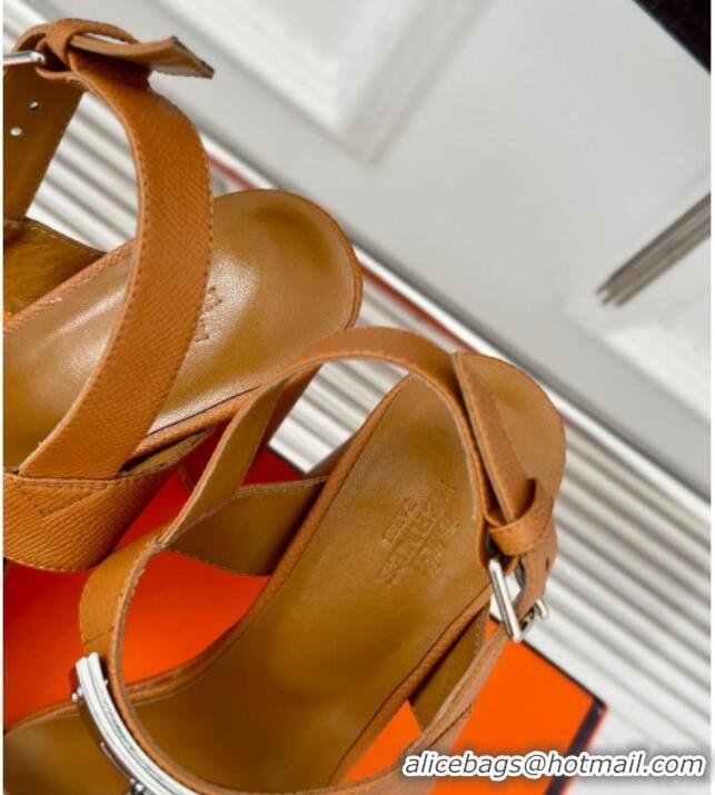 Best Grade Hermes Ilona High Heel Sandals 9.5cm with Kelly Buckle in Grained Calfskin Brown 606043