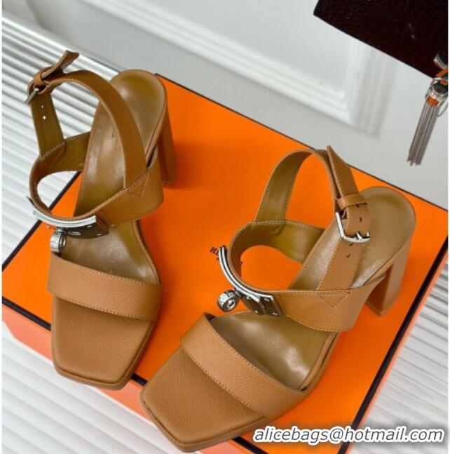 Best Grade Hermes Ilona High Heel Sandals 9.5cm with Kelly Buckle in Grained Calfskin Brown 606043