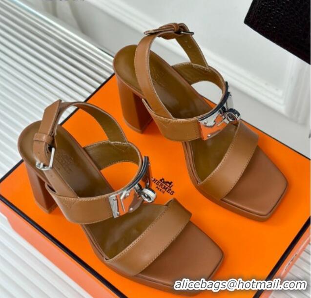 Pretty Style Hermes Ilona High Heel Sandals 9.5cm with Kelly Buckle in Smooth Calfskin Brown 606044