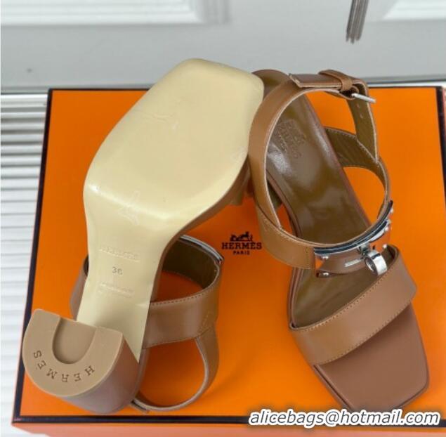 Pretty Style Hermes Ilona High Heel Sandals 9.5cm with Kelly Buckle in Smooth Calfskin Brown 606044