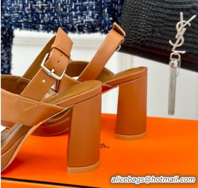 Pretty Style Hermes Ilona High Heel Sandals 9.5cm with Kelly Buckle in Smooth Calfskin Brown 606044