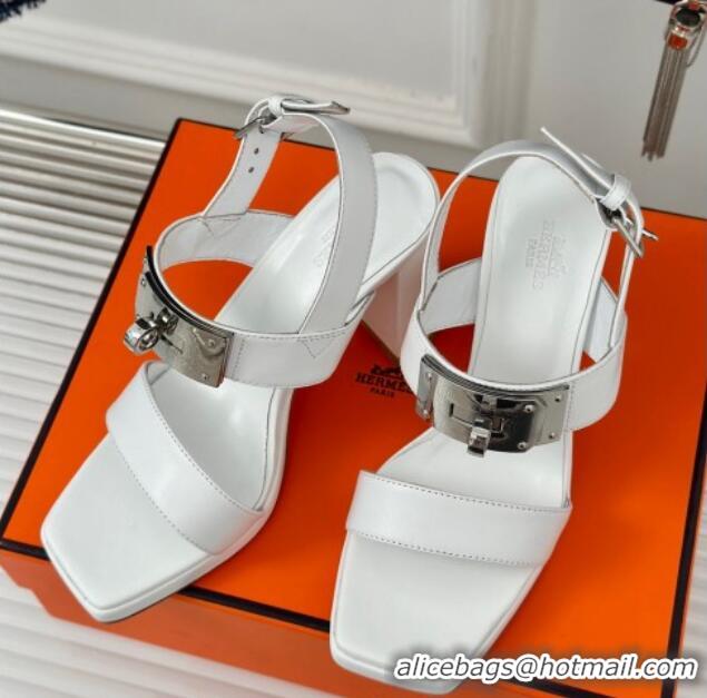 Popular Style Hermes Ilona High Heel Sandals 9.5cm with Kelly Buckle in Smooth Calfskin White 606045