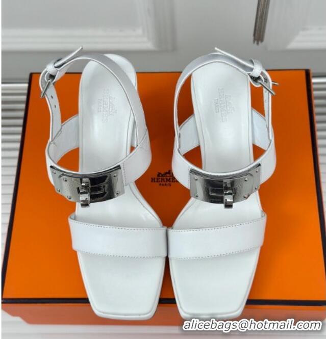 Popular Style Hermes Ilona High Heel Sandals 9.5cm with Kelly Buckle in Smooth Calfskin White 606045