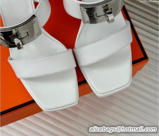 Popular Style Hermes Ilona High Heel Sandals 9.5cm with Kelly Buckle in Smooth Calfskin White 606045