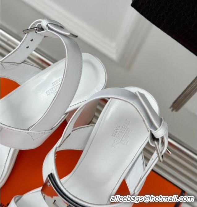 Popular Style Hermes Ilona High Heel Sandals 9.5cm with Kelly Buckle in Smooth Calfskin White 606045