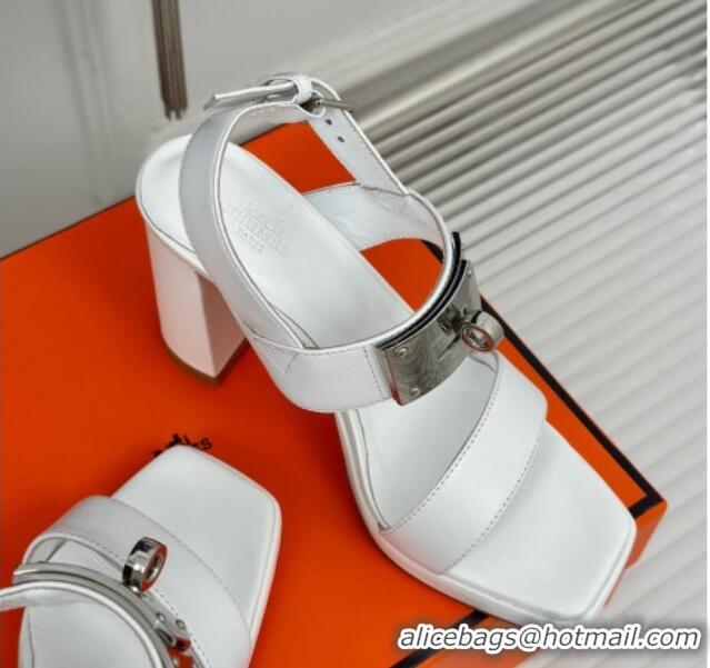 Popular Style Hermes Ilona High Heel Sandals 9.5cm with Kelly Buckle in Smooth Calfskin White 606045