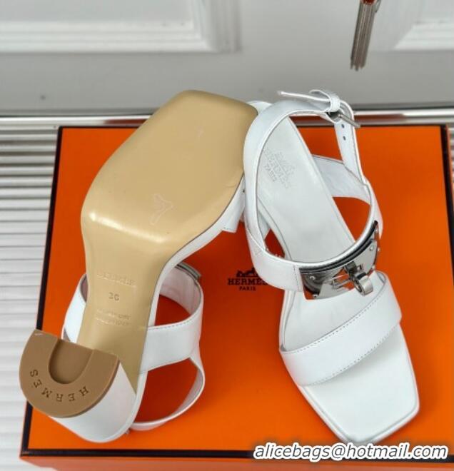 Popular Style Hermes Ilona High Heel Sandals 9.5cm with Kelly Buckle in Smooth Calfskin White 606045