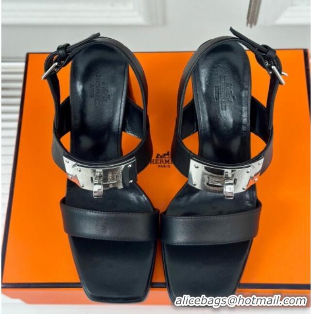 Top Design Hermes Ilona High Heel Sandals 9.5cm with Kelly Buckle in Smooth Calfskin Black 606046