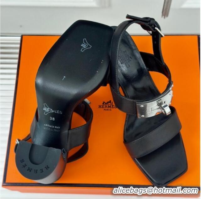 Top Design Hermes Ilona High Heel Sandals 9.5cm with Kelly Buckle in Smooth Calfskin Black 606046