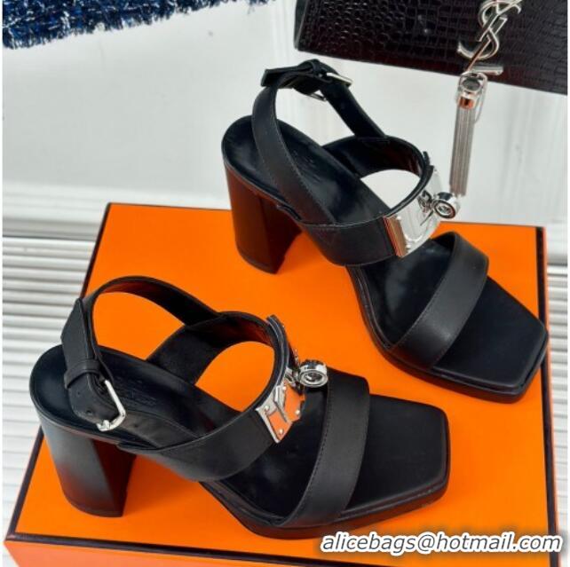 Top Design Hermes Ilona High Heel Sandals 9.5cm with Kelly Buckle in Smooth Calfskin Black 606046