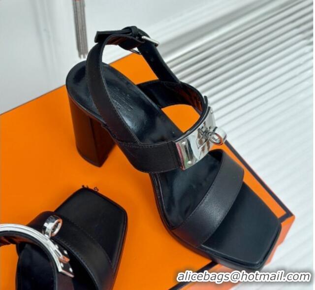 Top Design Hermes Ilona High Heel Sandals 9.5cm with Kelly Buckle in Smooth Calfskin Black 606046