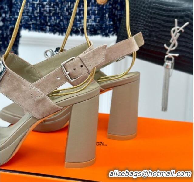 Shop Duplicate Hermes Ilona High Heel Sandals 9.5cm with Kelly Buckle in Suede Grey 606047