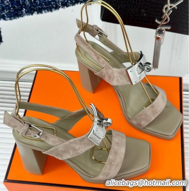 Shop Duplicate Hermes Ilona High Heel Sandals 9.5cm with Kelly Buckle in Suede Grey 606047