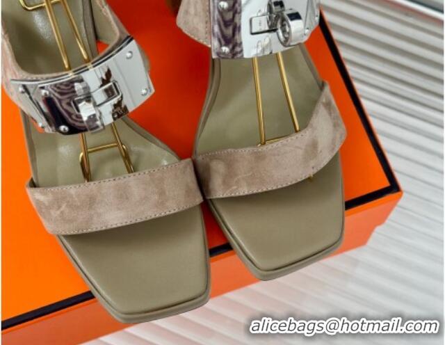 Shop Duplicate Hermes Ilona High Heel Sandals 9.5cm with Kelly Buckle in Suede Grey 606047