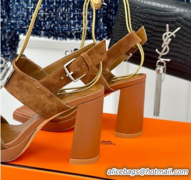 Unique Style Hermes Ilona High Heel Sandals 9.5cm with Kelly Buckle in Suede Brown 606048