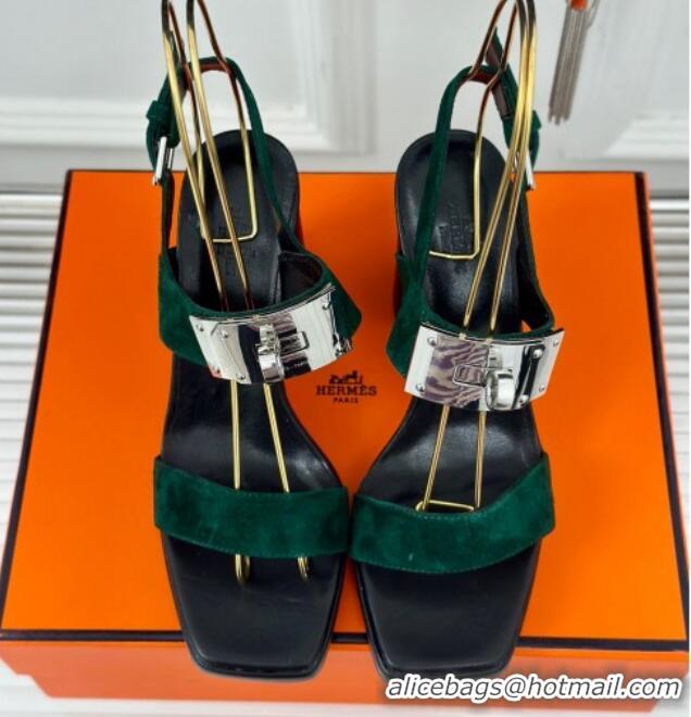 Top Grade Hermes Ilona High Heel Sandals 9.5cm with Kelly Buckle in Suede Green 606049