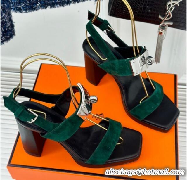 Top Grade Hermes Ilona High Heel Sandals 9.5cm with Kelly Buckle in Suede Green 606049