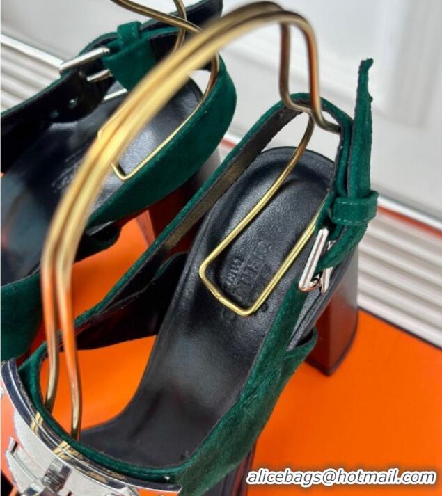 Top Grade Hermes Ilona High Heel Sandals 9.5cm with Kelly Buckle in Suede Green 606049