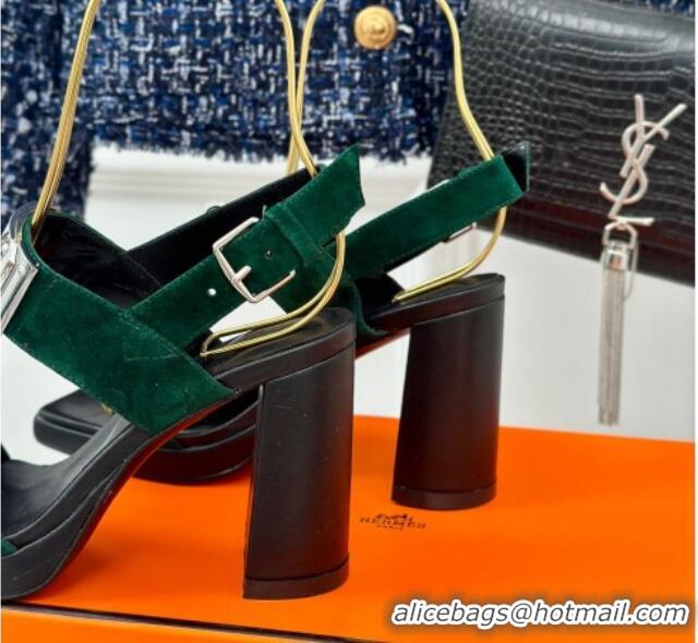 Top Grade Hermes Ilona High Heel Sandals 9.5cm with Kelly Buckle in Suede Green 606049