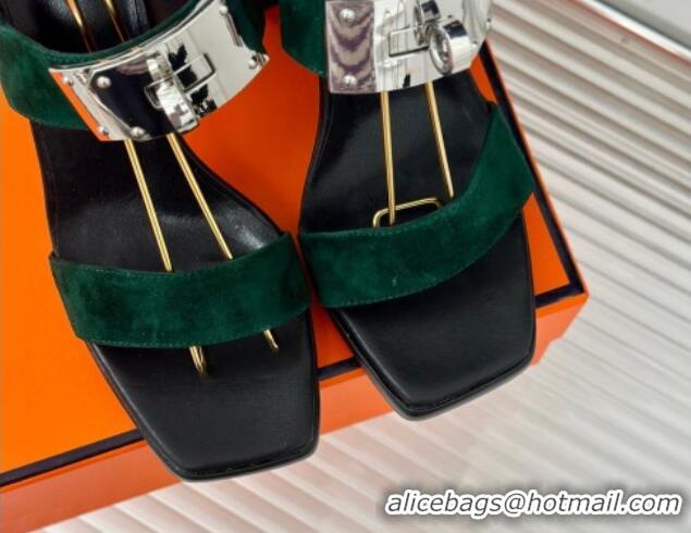 Top Grade Hermes Ilona High Heel Sandals 9.5cm with Kelly Buckle in Suede Green 606049