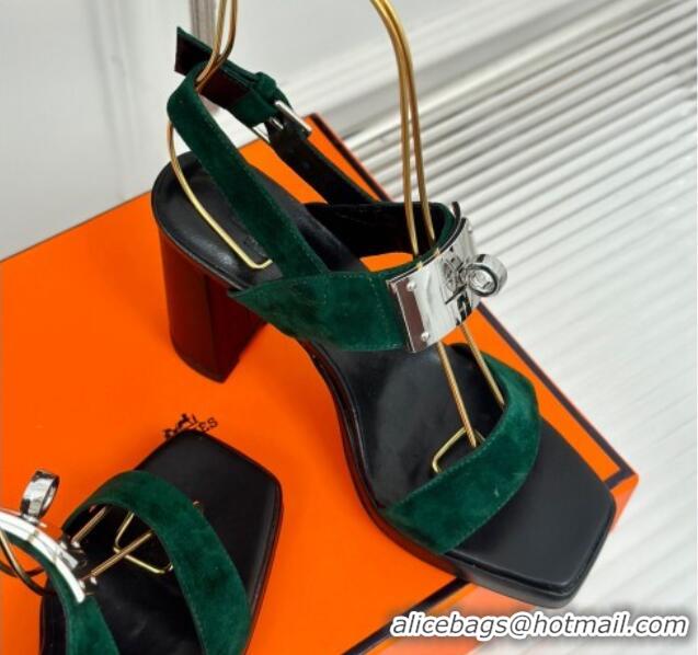 Top Grade Hermes Ilona High Heel Sandals 9.5cm with Kelly Buckle in Suede Green 606049